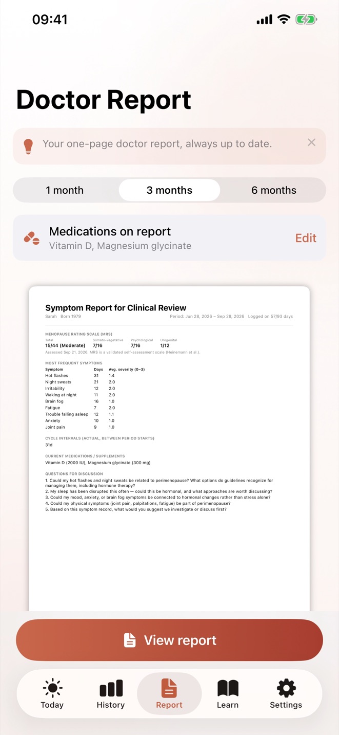 Perify Doctor Report screen with the one-page report preview
