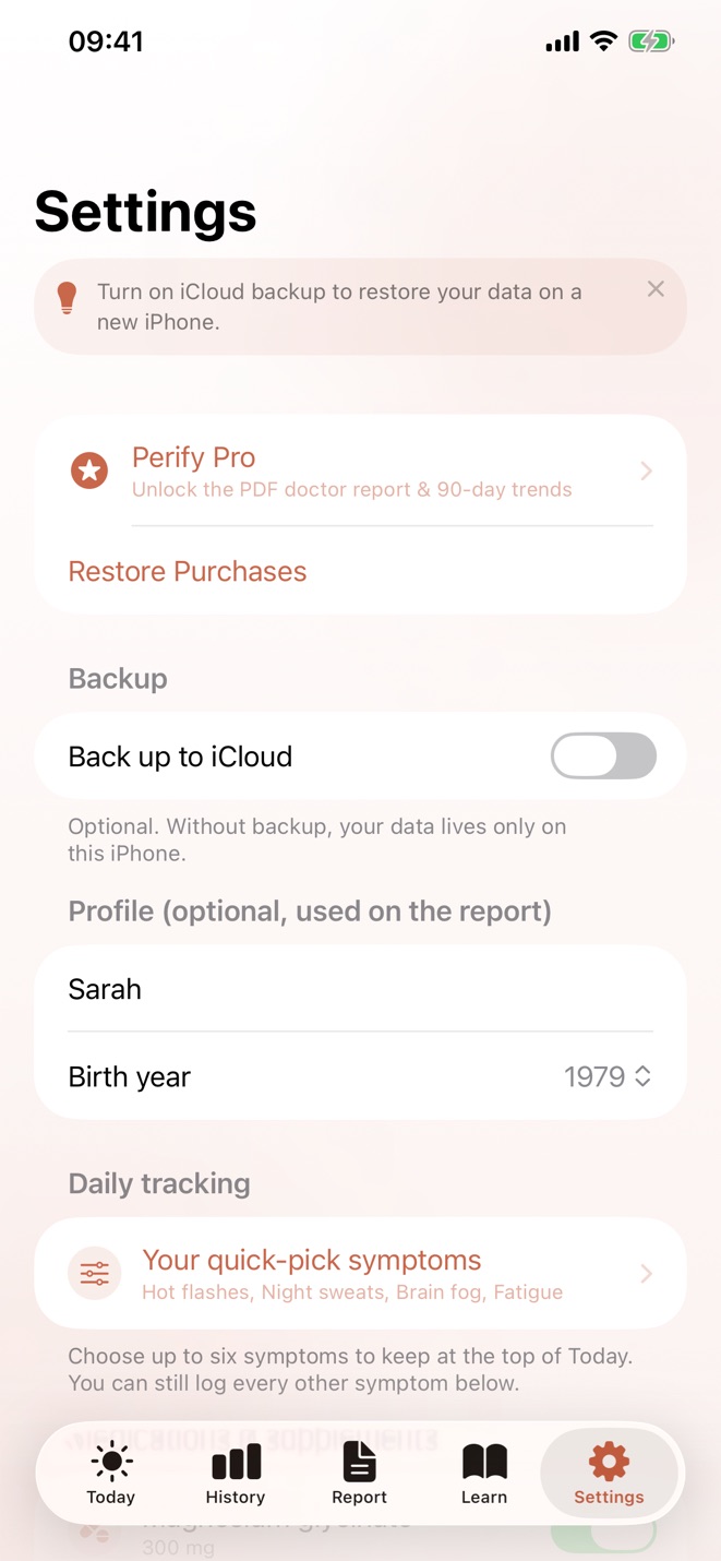 Perify Settings: optional iCloud backup, off by default