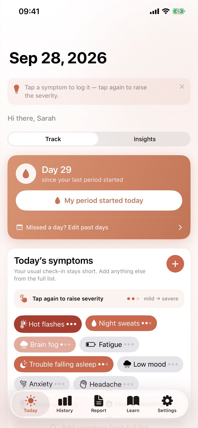 Perify Today screen with hot flashes, night sweats, brain fog, and trouble falling asleep logged